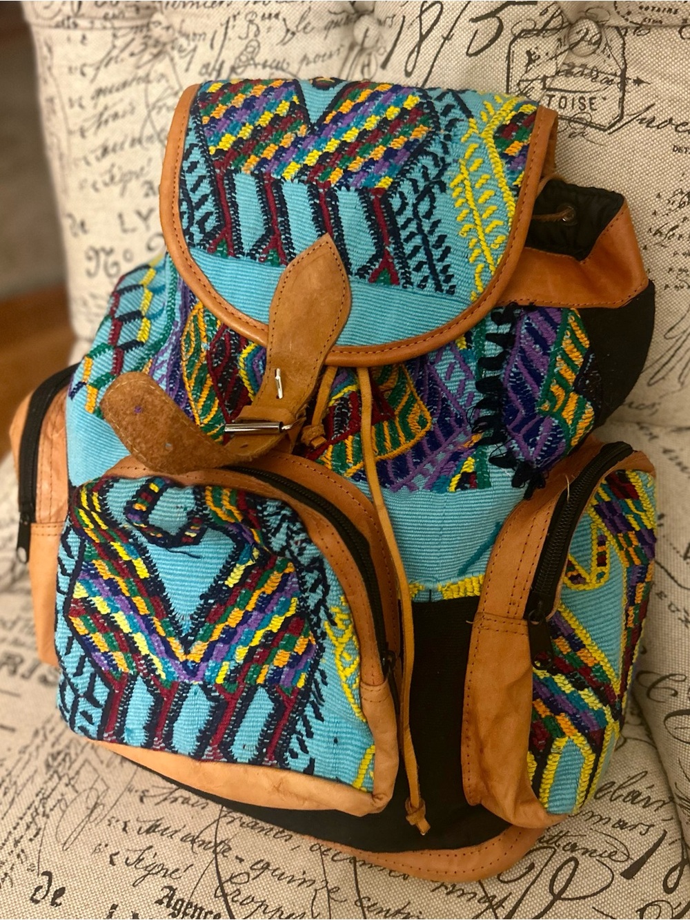 New Boho Embroidered Peruvian Embroidered genuine Leather-Trim large Backpack